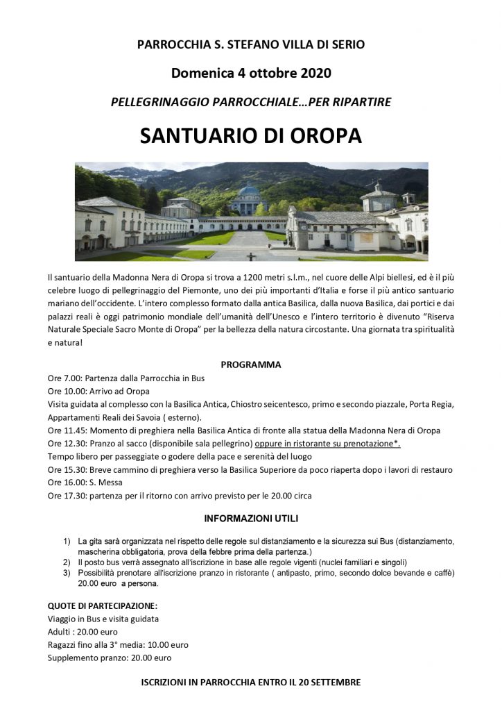 Pellegrinaggio al Santuario di Oropa 2020