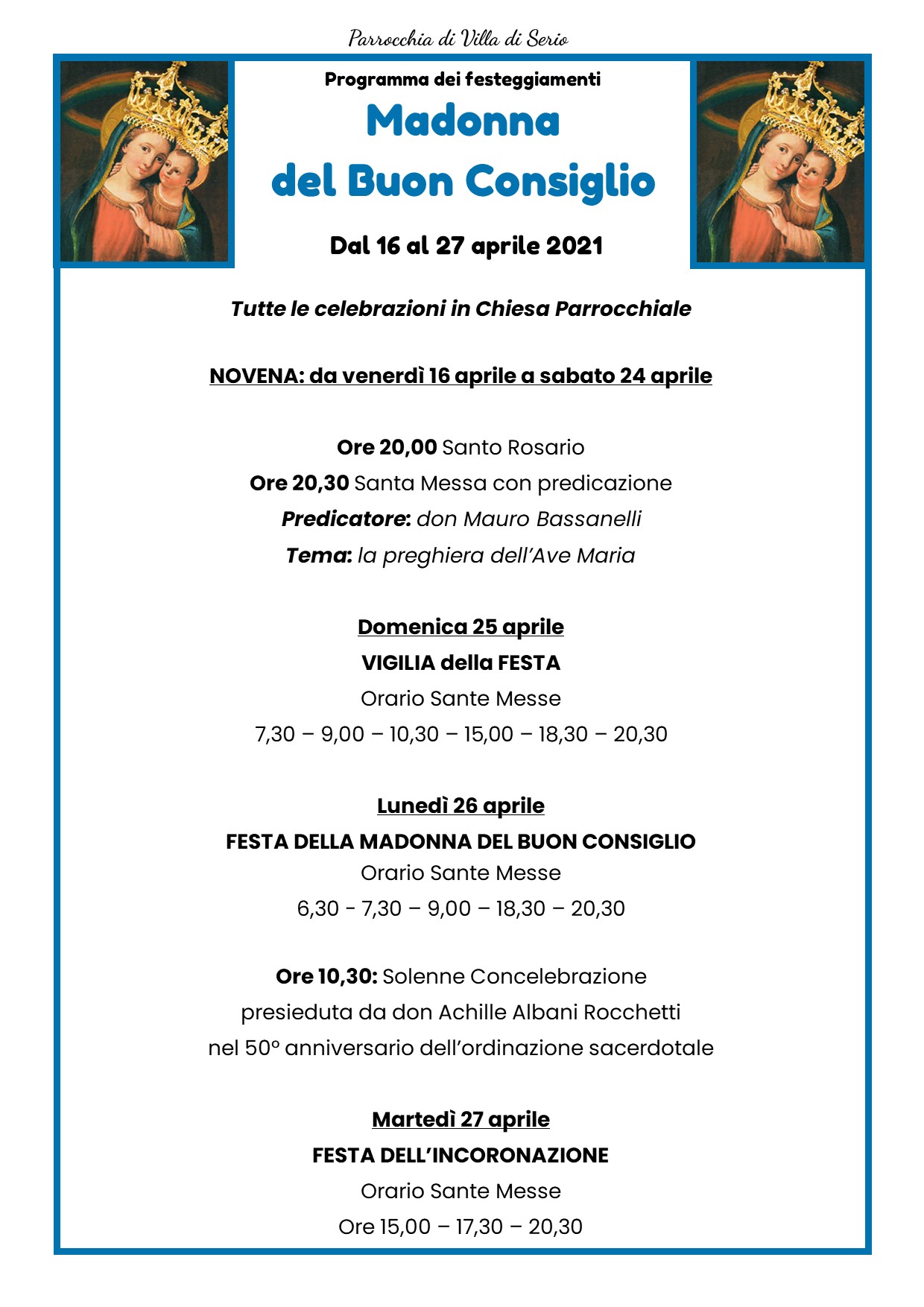Programma Festa della Madonna 2021 villa di serio